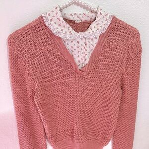 Vintage Sweater with Ditsy Floral Lace Ruffle Collar